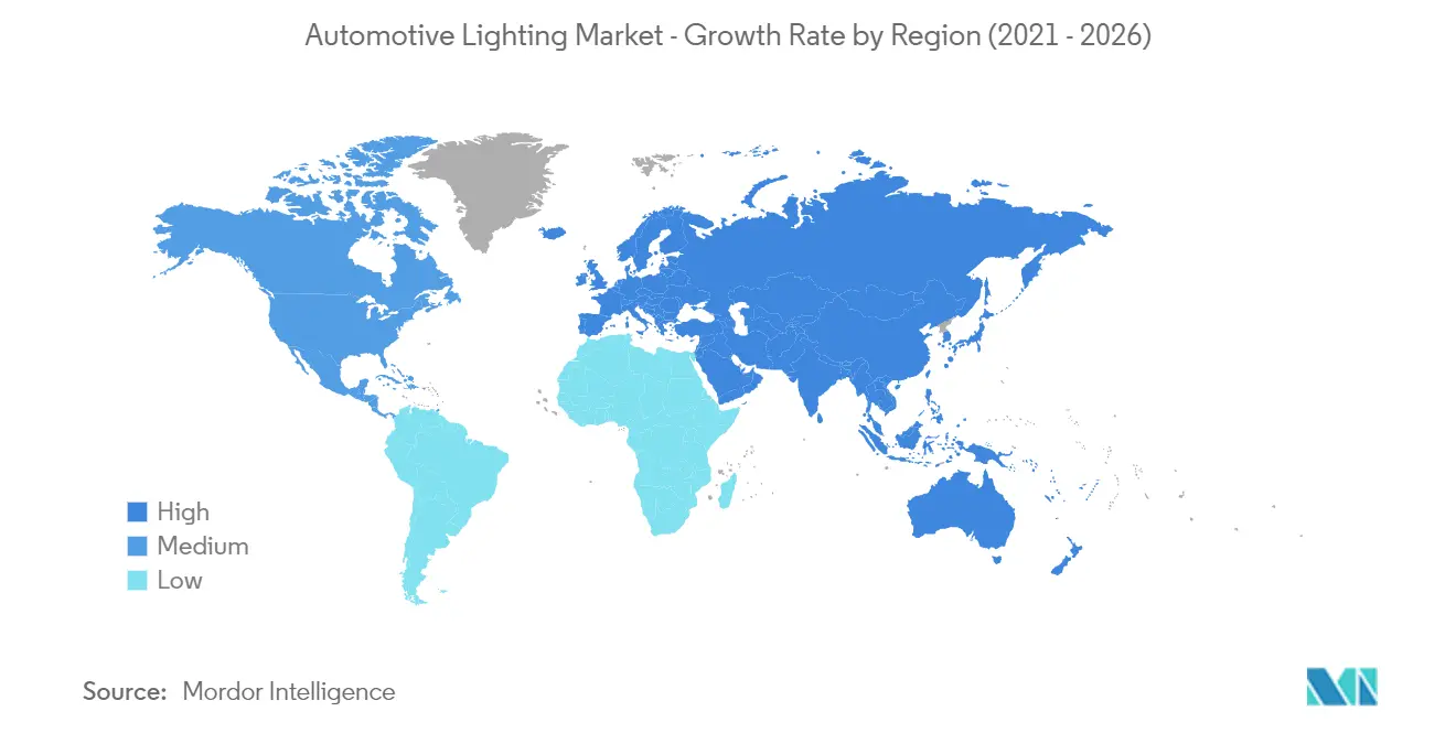 Mercado de Iluminação Automotiva – Taxa de Crescimento por Região (2021-2026)