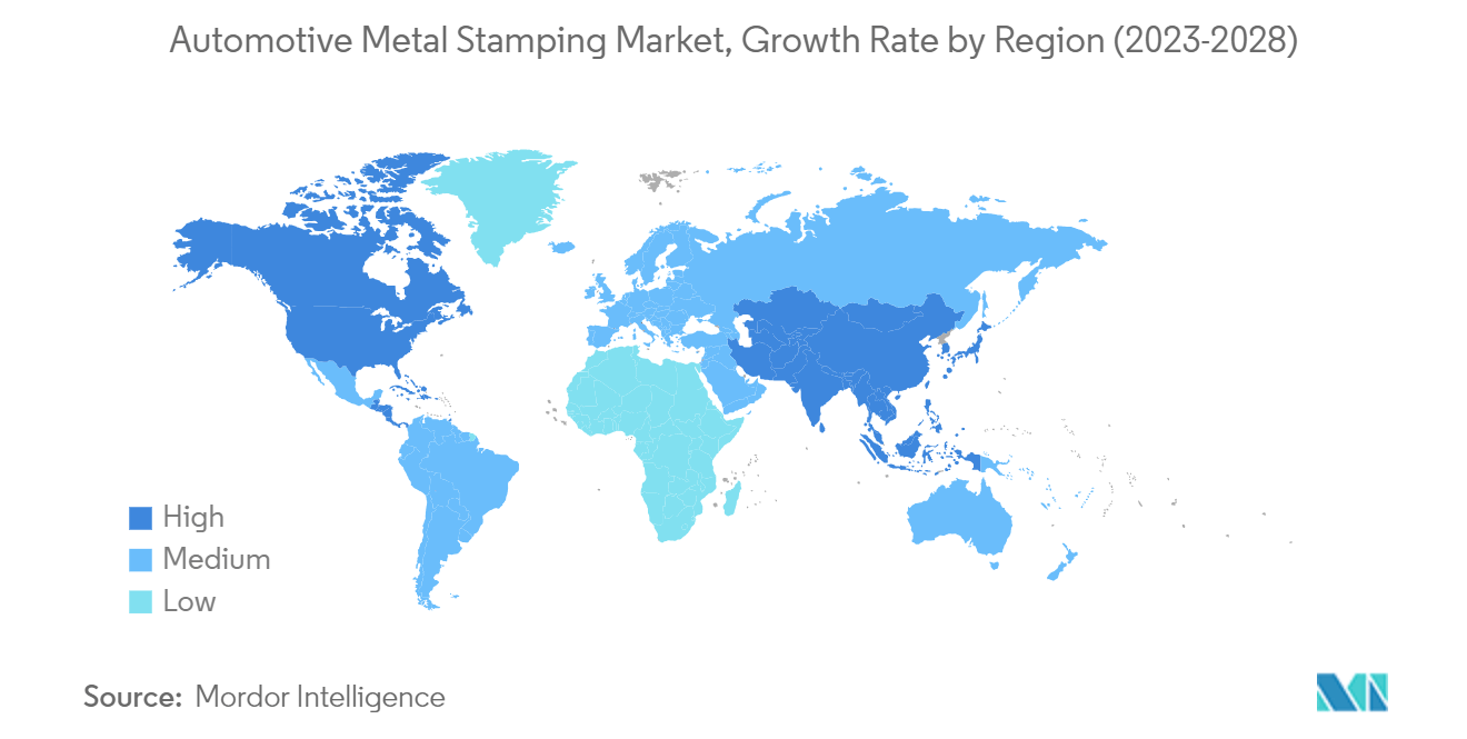 汽车金属冲压市场，按地区增长率（2023-2028）