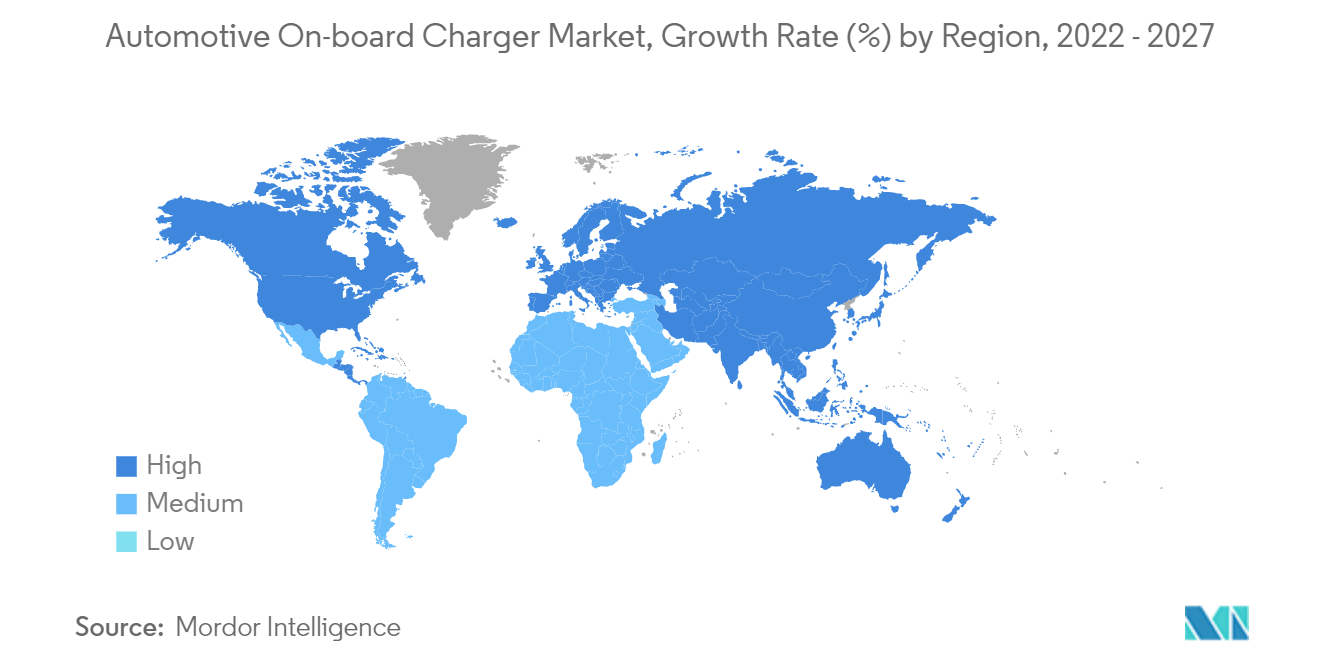 Рынок автомобильных бортовых зарядных устройств, темп роста (%) по регионам, 2022 - 2027 гг.