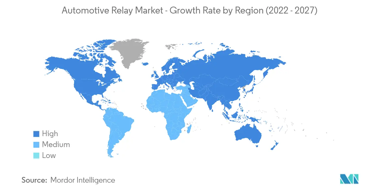 自動車用リレー市場：地域別成長率（2022-2027年）