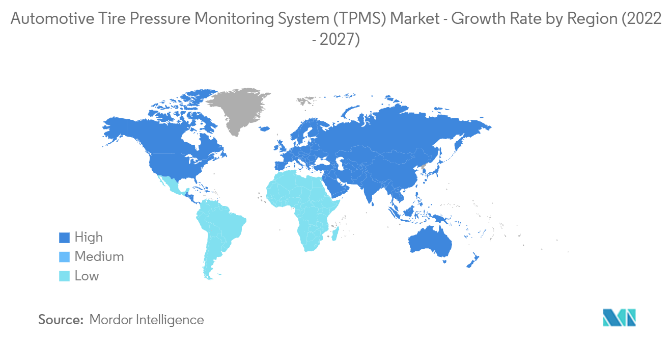 自動車用TPMS市場：地域別成長率（2022 2027）