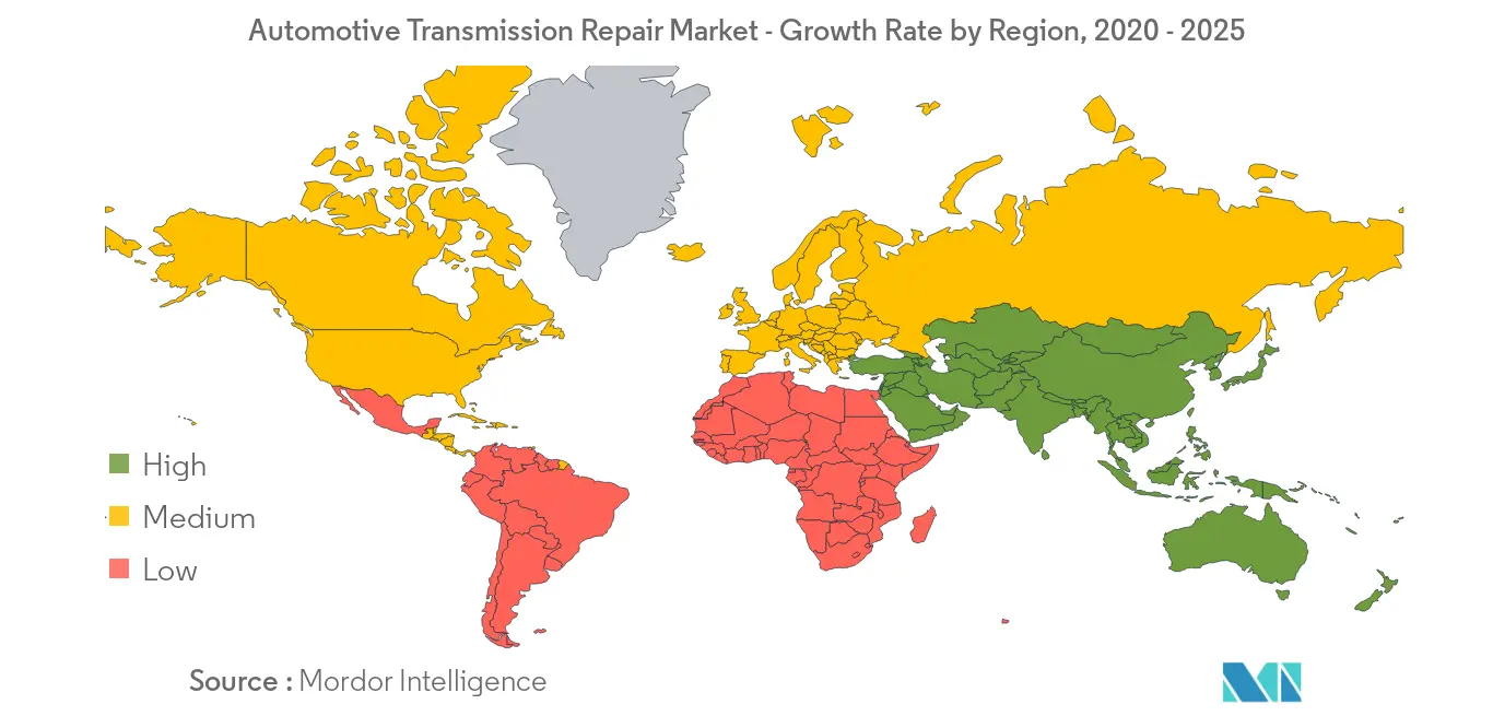 Рынок ремонта автомобильных трансмиссий - темп роста по регионам, 2020 - 2025 гг.