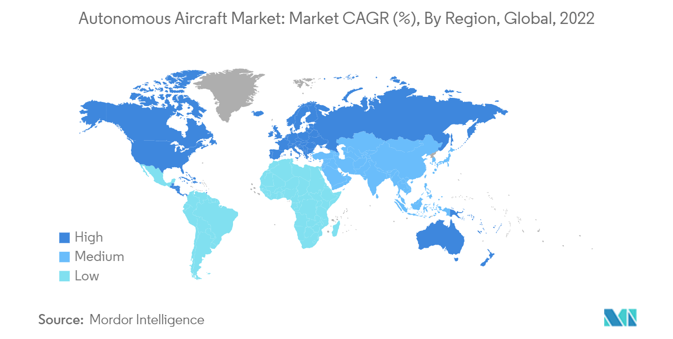 Рынок автономных самолетов среднегодовой темп роста рынка (%), по регионам, мир, 2022 г.