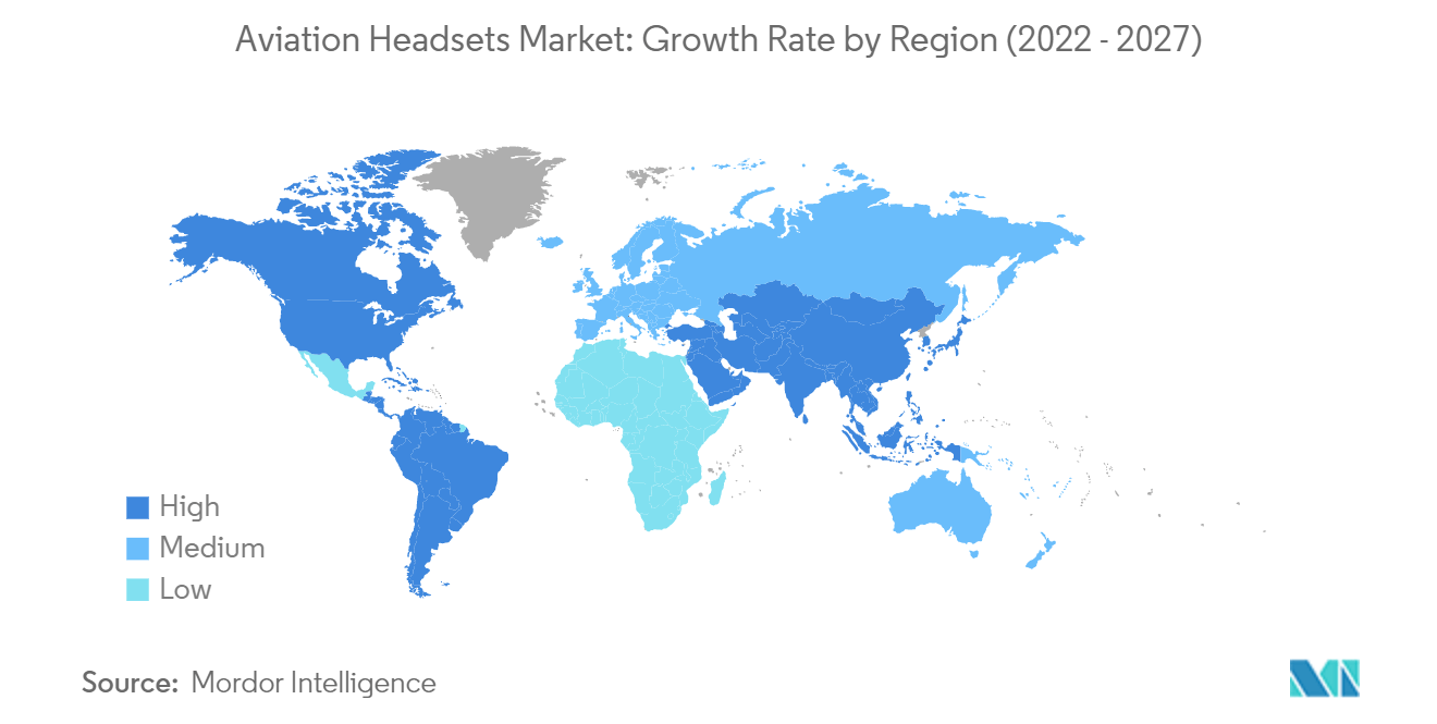 항공 헤드셋 시장: 지역별 성장률(2022~2027년)