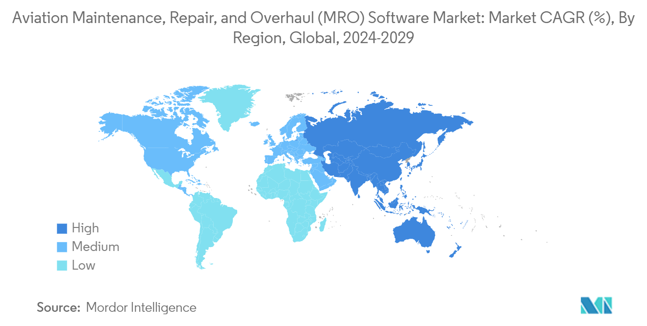 航空整備、修理、オーバーホール（MRO）ソフトウェア市場：市場CAGR(%)、地域別、世界、2024-2029年