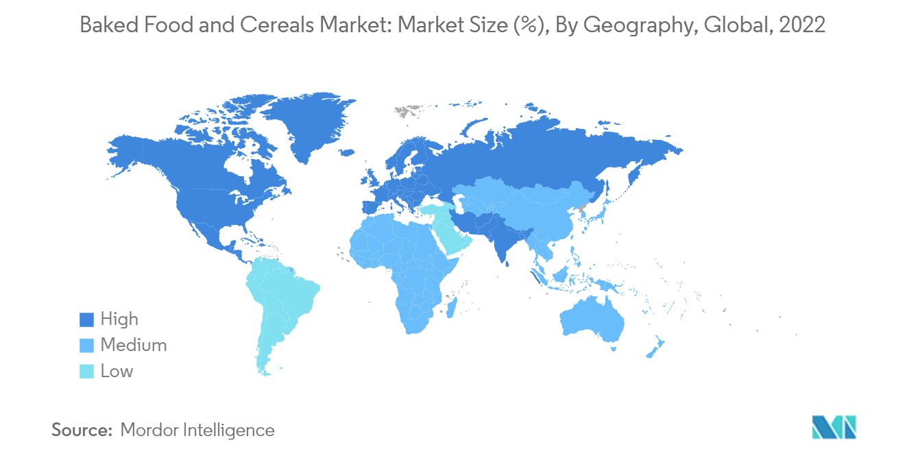 Mercado de alimentos y cereales horneados Mercado de alimentos y cereales horneados tamaño del mercado (%), por geografía, global, 2022