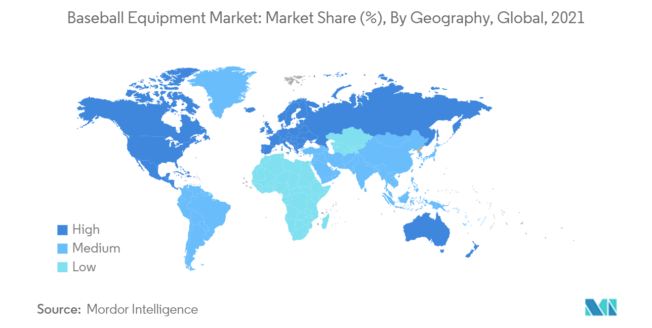 野球用品市場：市場シェア（％）、地域別、世界、2021年
