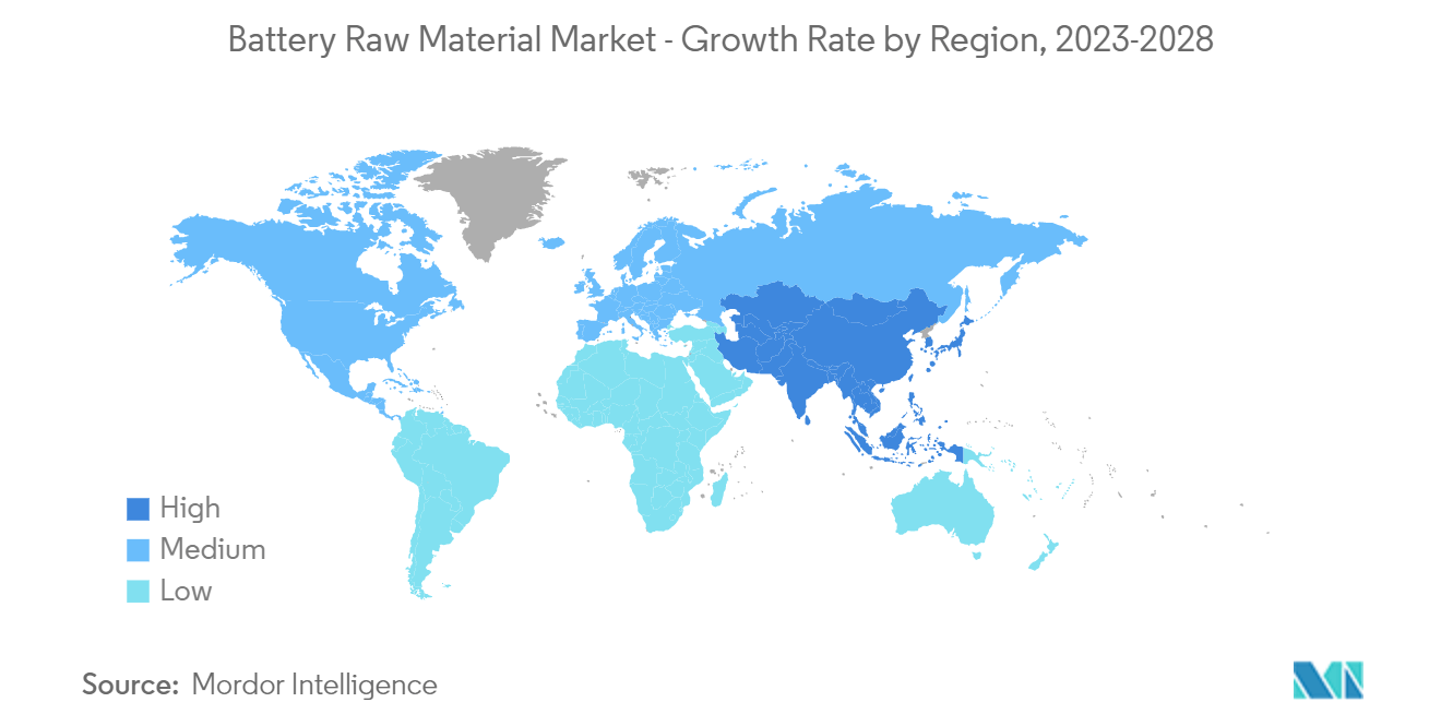 Рынок сырья для аккумуляторов – темпы роста по регионам, 2023–2028 гг.