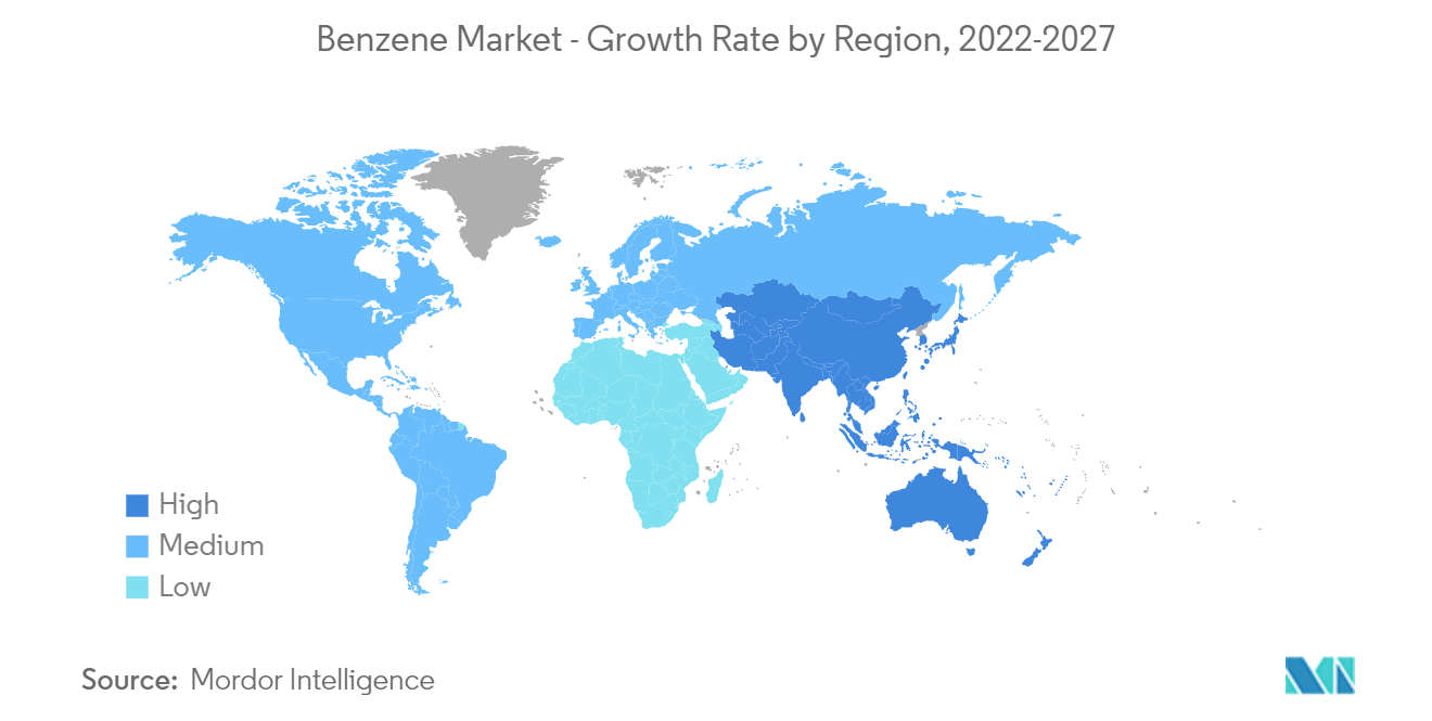 Mercado del benceno tasa de crecimiento por región, 2022-2027