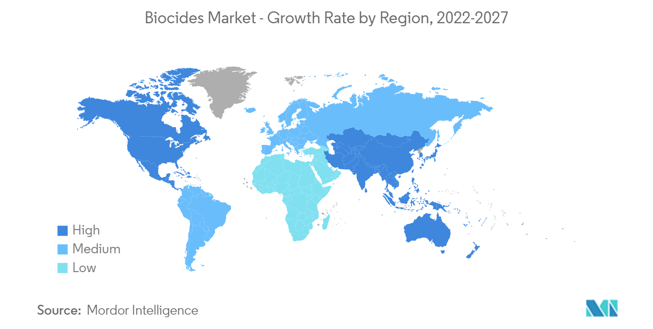 Рынок биоцидов - темпы роста по регионам, 2022-2027 гг.