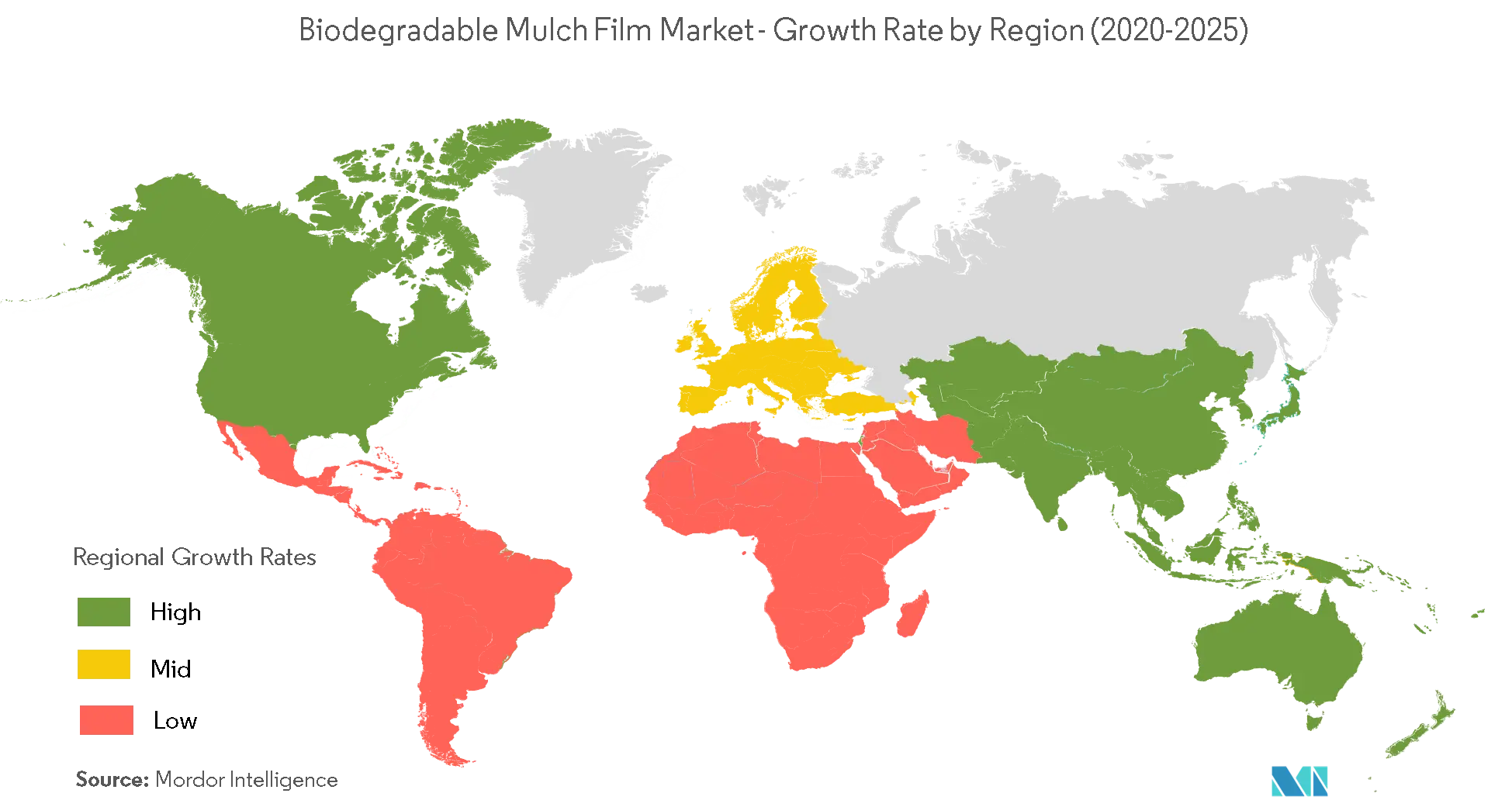 生分解性マルチフィルム市場：地域別成長率（2020-2025）