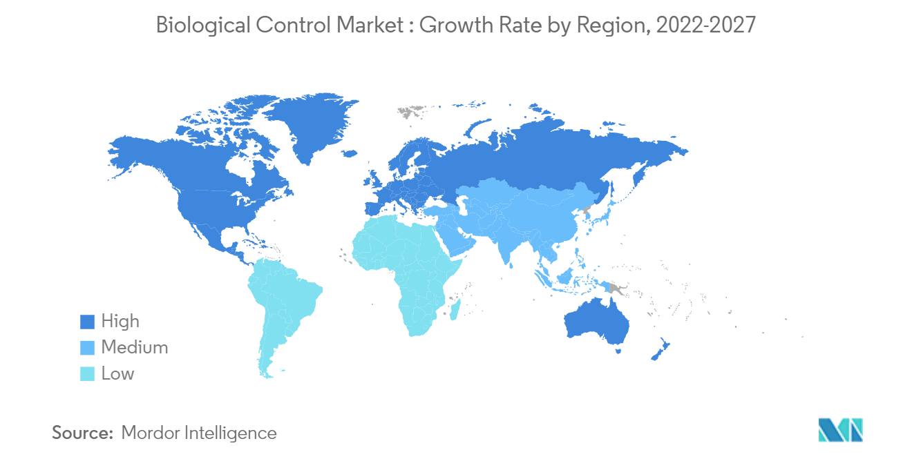 Mercado de control biológico tasa de crecimiento por región (2022-27)