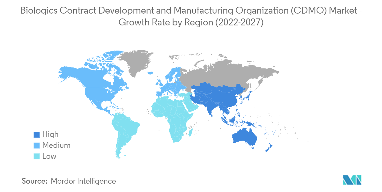 生物製剤の開発・製造受託機関（CDMO）市場：地域別成長率（2022年～2027年）