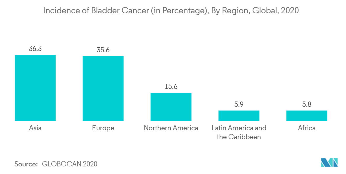 膀胱癌治疗和诊断市场：膀胱癌的发病率（百分比），按地区，全球，2020 年