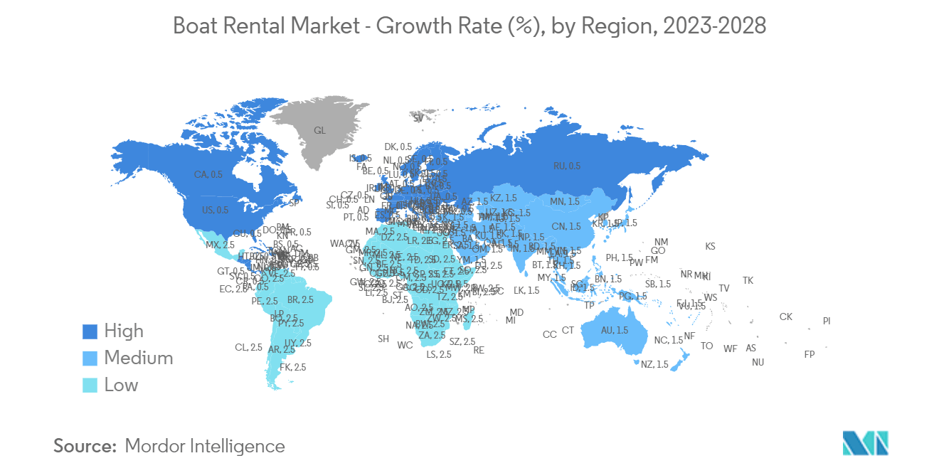 Boat Rental Market - Growth Rate (%), by Region, 2023-2028