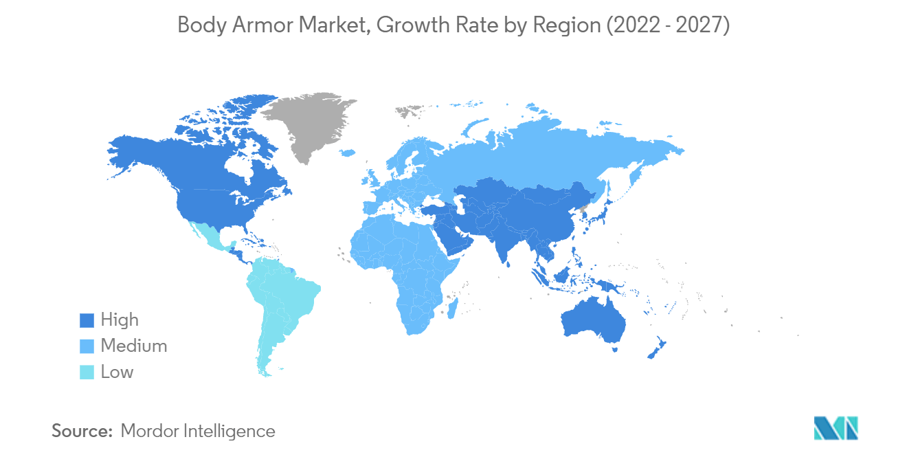 ボディアーマー市場：地域別成長率（2022年～2027年）