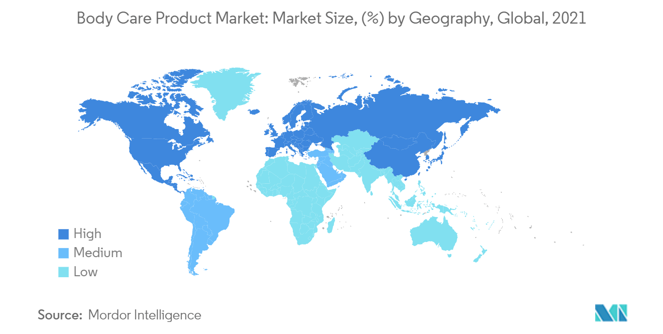ボディケア製品市場：地域別市場規模（％）、世界、2021年