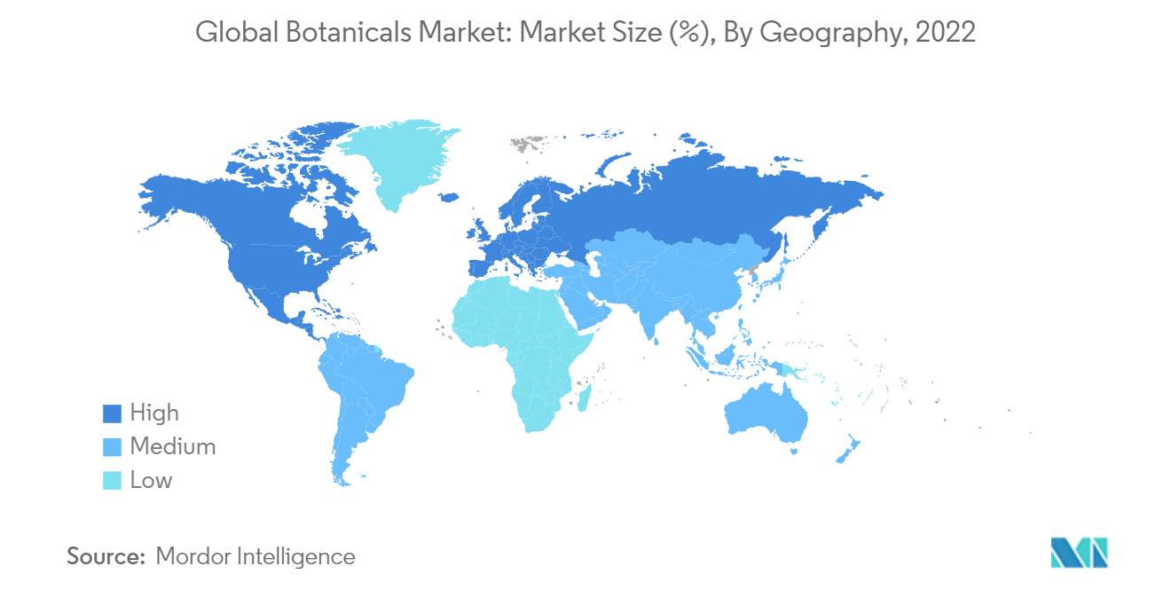 Mercado mundial de productos botánicos tamaño del mercado (%), por geografía, 2022