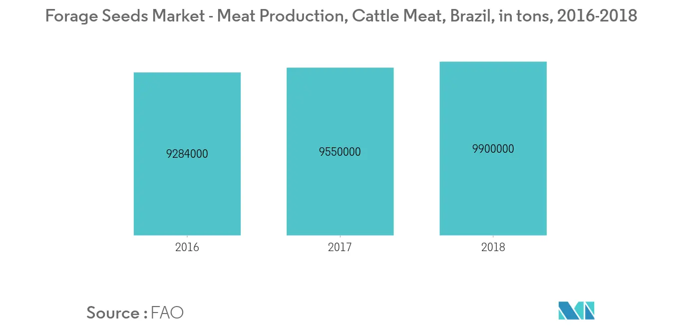 Forage Seeds Market - Meat Production, Cattle Meat, Brazil, in tons, 2016-2018