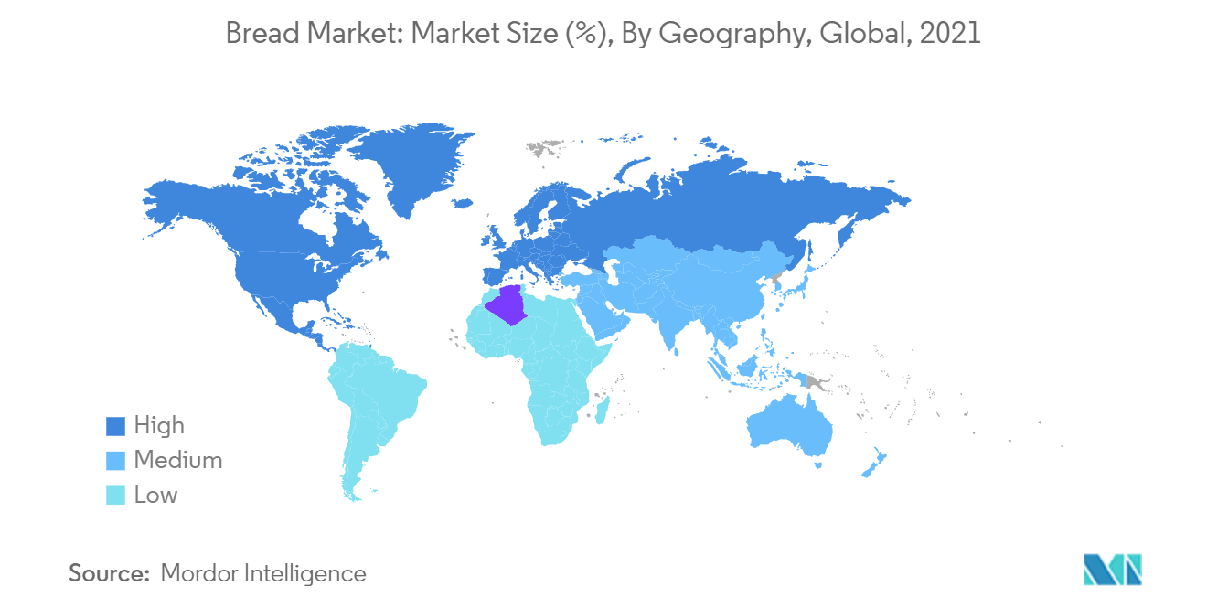 Mercado del pan Tamaño del mercado (%), Por geografía, Global, 2021