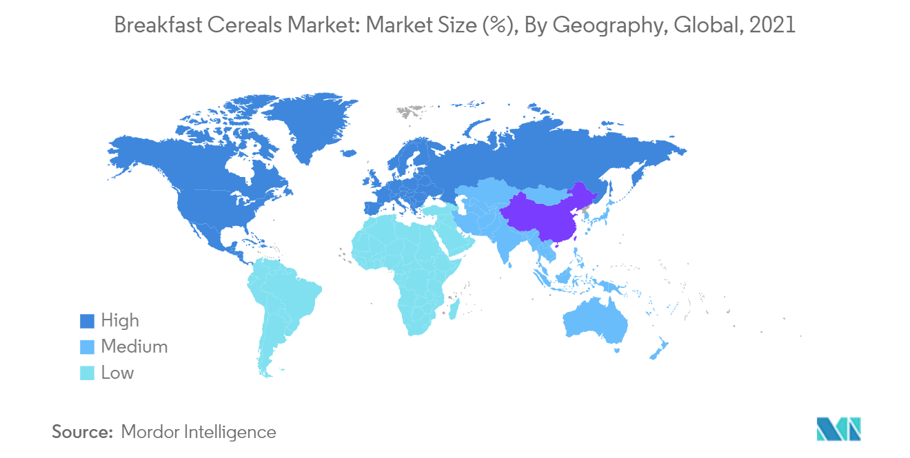 Mercado de cereales para el desayuno tamaño del mercado (%), por geografía, global, 2021