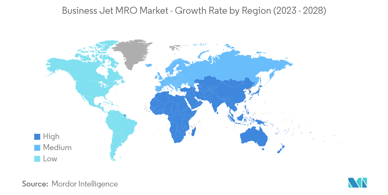 ビジネスジェットMRO市場 - 地域別成長率（2023年〜2028年）