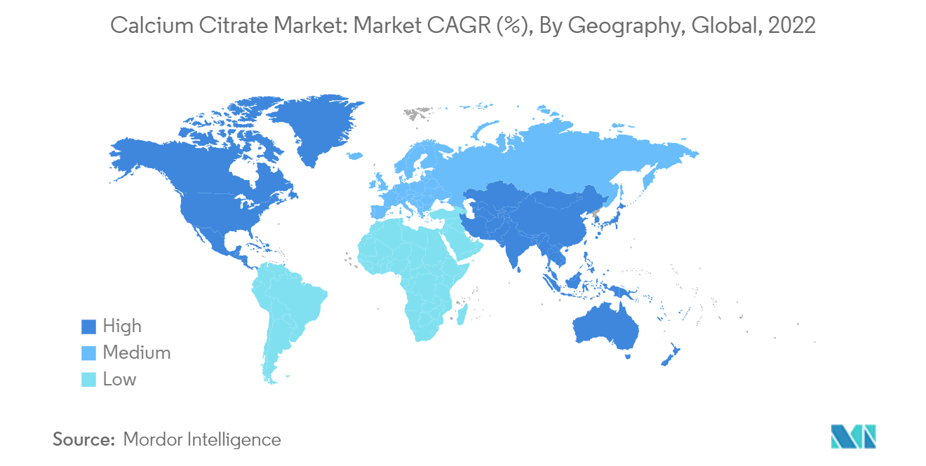 Mercado de Citrato de Cálcio Mercado CAGR (%), Por Geografia, Global, 2022