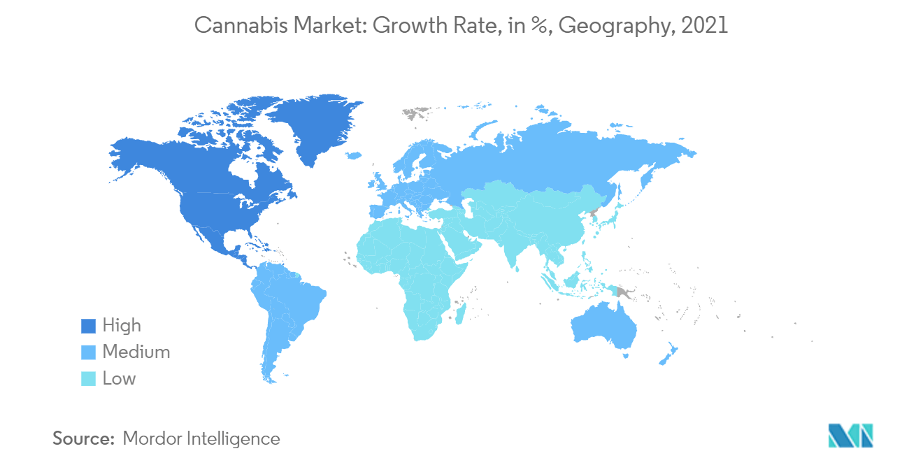 大麻市場：成長率（％）、地域別、2021年