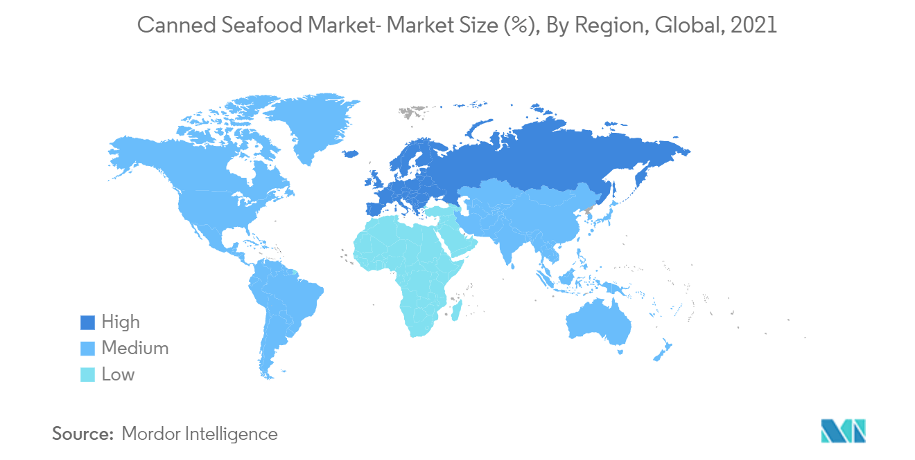 Mercado de frutos do mar enlatados – Tamanho do mercado (%), por região, global, 2021