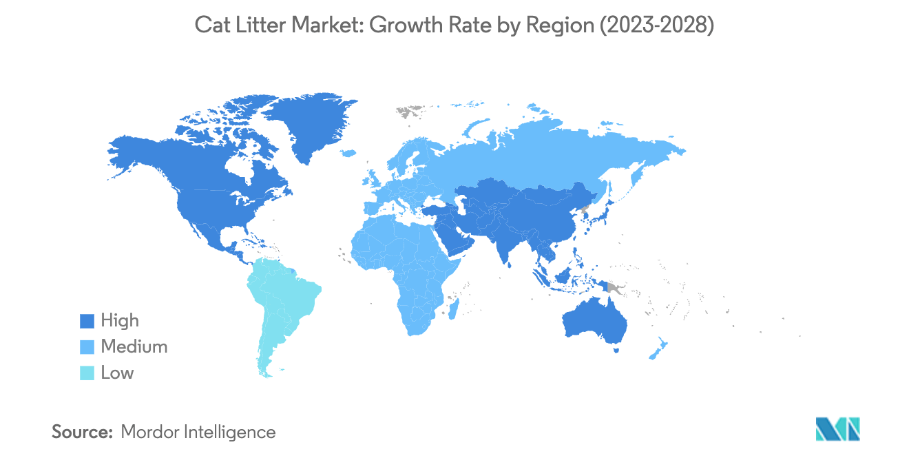 Mercado de arena para gatos tasa de crecimiento por región, 2023-2028
