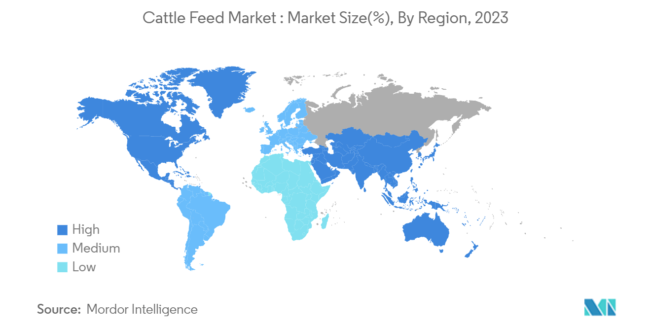 牛飼料市場：市場規模（%）、地域別、2023年