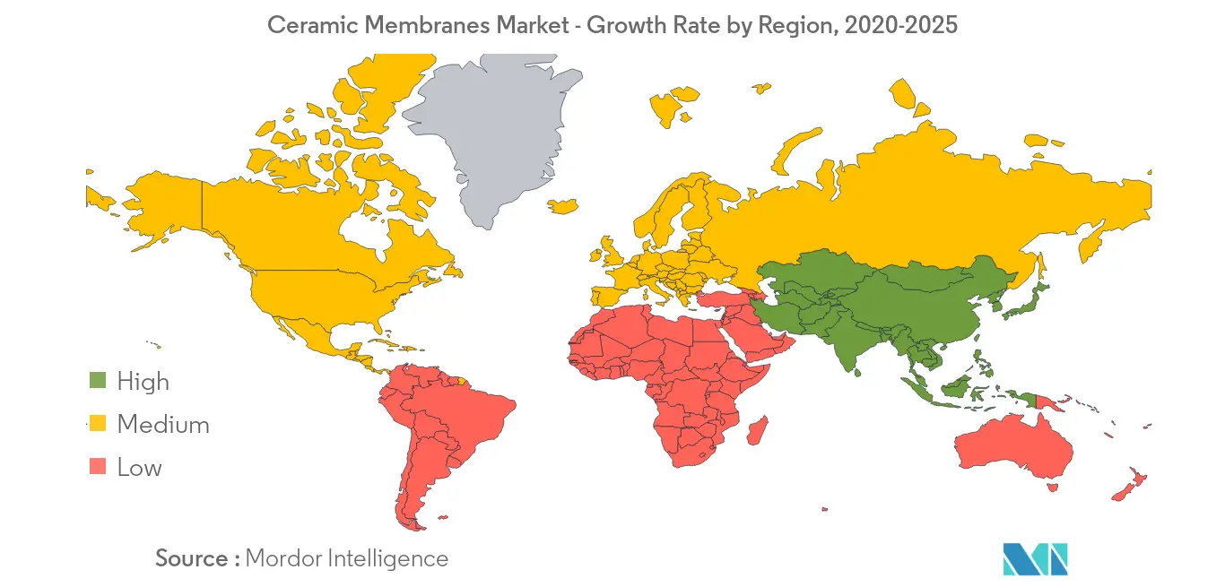 Темпы роста рынка керамических мембран по регионам, 2020-2025 гг.