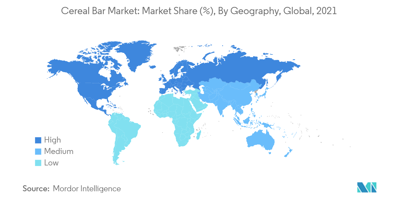 谷物棒市场：市场份额 (%)，按地理位置，全球，2021 年