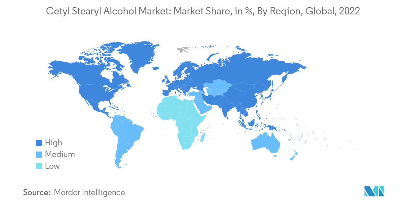 Рынок цетилстеарилового спирта доля рынка, в %, по регионам, мир, 2022 г.
