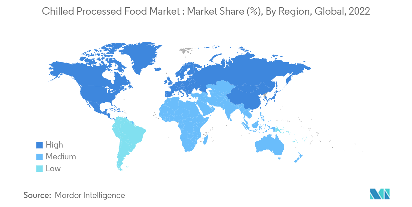 Рынок охлажденных обработанных продуктов питания доля рынка (%), по регионам, мир, 2022 г.
