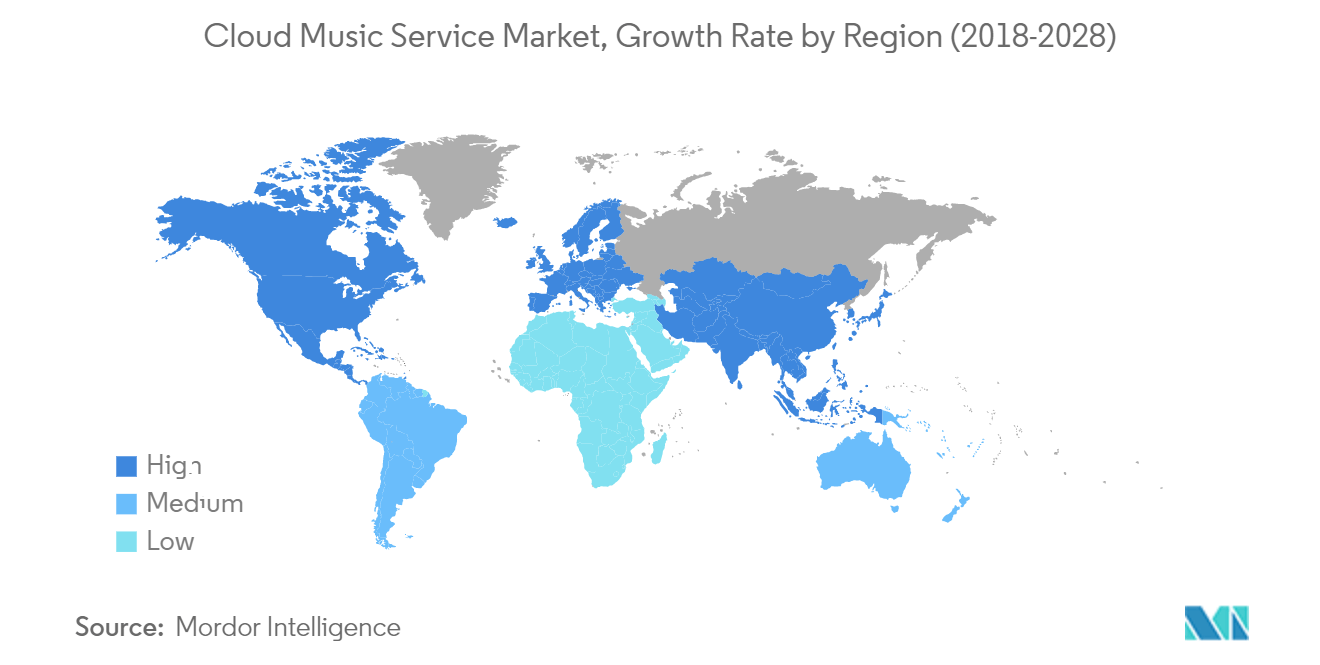 Рынок облачных музыкальных сервисов, темпы роста по регионам (2018–2028 гг.)