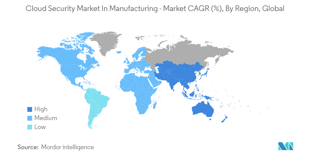 Рынок облачной безопасности в производстве — среднегодовой темп роста рынка (%), по регионам, во всем мире