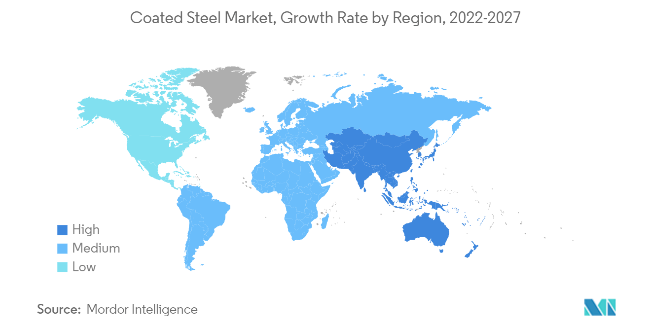 涂层钢市场 - 按地区划分的增长率，2022-2027 年