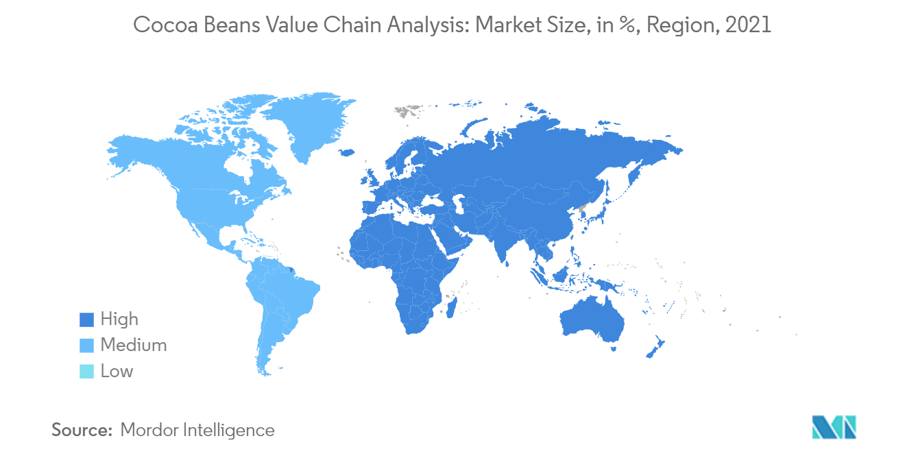 Mercado de análisis de la cadena de valor del grano de cacao tamaño del mercado, en %, región, 2021