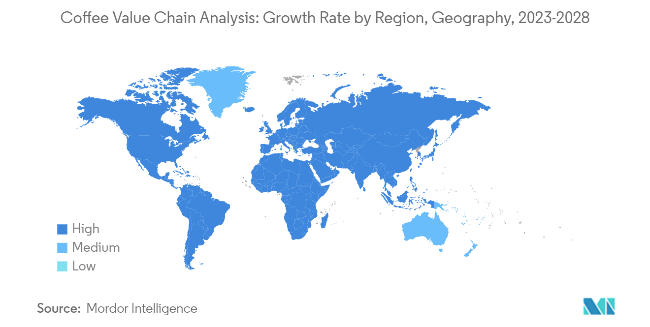سوق تحليل سلسلة قيمة القهوة معدل النمو حسب المنطقة والجغرافيا، 2023-2028