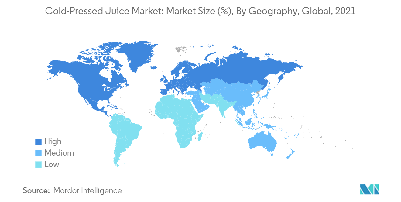 コールドプレスジュース市場市場規模（％）：地域別、世界、2021年