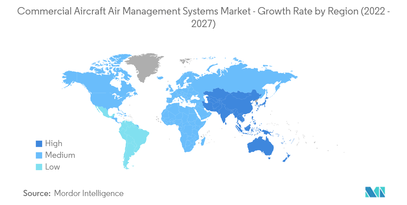 民間航空機空気管理システム市場：地域別成長率（2022年〜2027年）