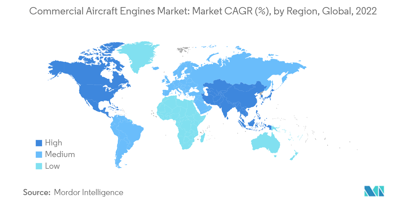 Thị trường động cơ máy bay thương mại CAGR thị trường (%), theo khu vực, Toàn cầu, 2022