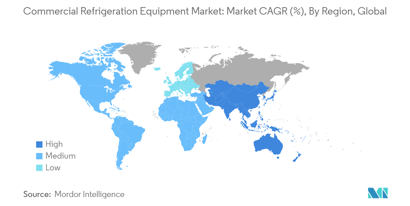 業務用冷凍機器市場：市場CAGR(%)、地域別、世界