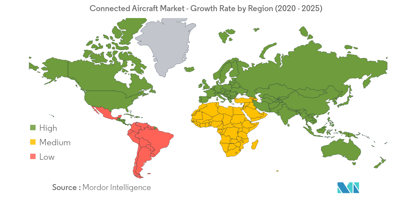 Темпы роста рынка подключенных самолетов по регионам ( 2020 - 2025 гг. )