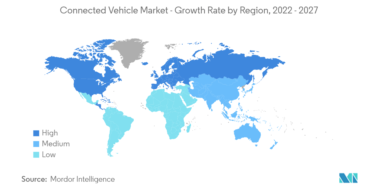 Markt für vernetzte Fahrzeuge Wachstumsrate nach Regionen, 2022–2027