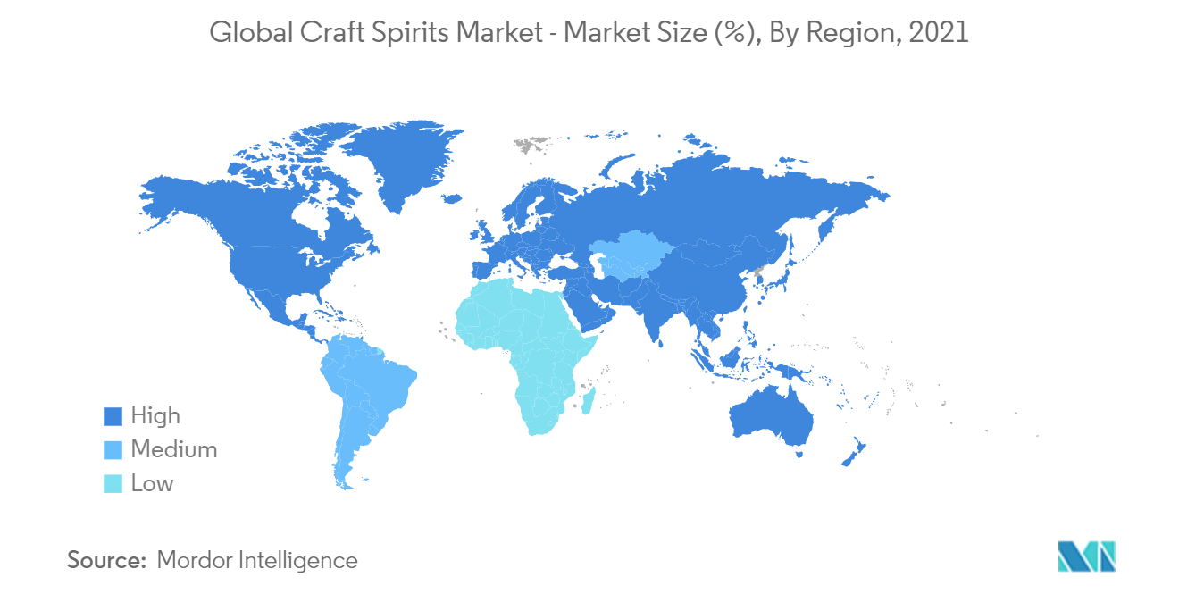 Mercado global de bebidas espirituosas artesanais – Tamanho do mercado (%), por região, 2021