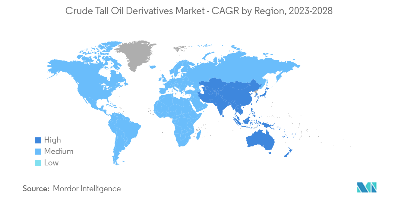 粗製トール油誘導体市場 - 地域別CAGR、2023-2028年