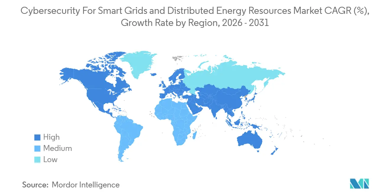 CAGR (%) do Mercado de Cibersegurança para Redes Elétricas Inteligentes e Recursos de Energia Distribuída, Taxa de Crescimento por Região