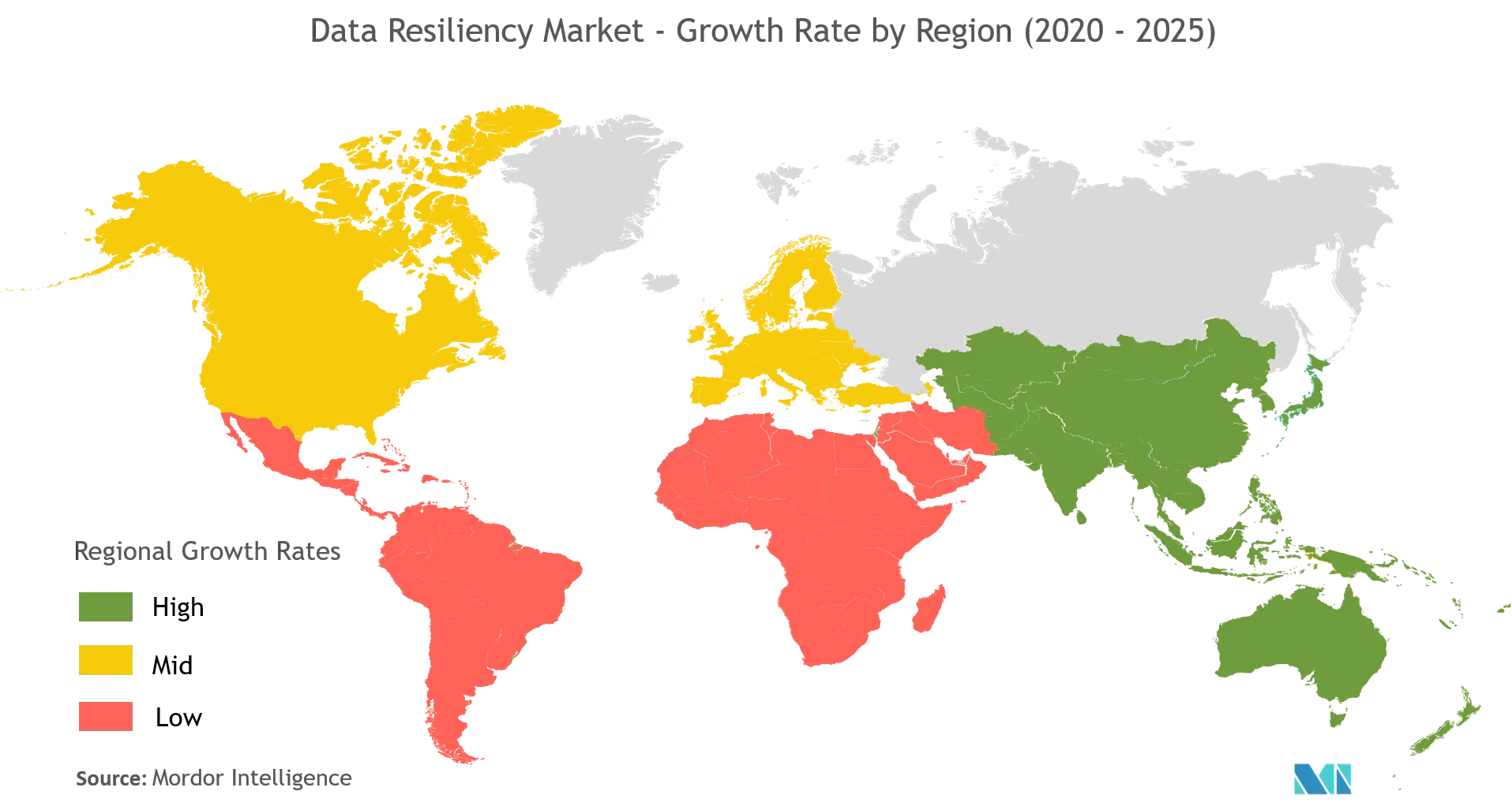 数据弹性市场 - 按地区划分的增长率（2020 - 2025 年）